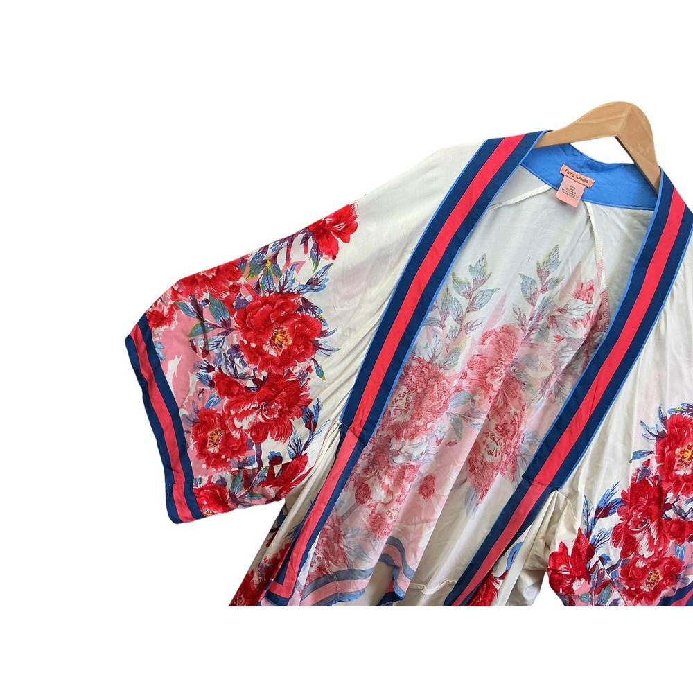 Flying Tomato Womens Floral Kimono Wrap Red Blue Striped Trim Rayon S/M - Picture 7 of 12
